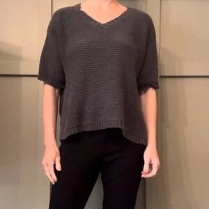 Fat Face V-Neck Short Sleeve Cotton Knit Sweater Dark Blue Gray Size Small